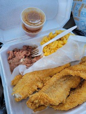 Catfish, Red beans & Rice, Mac n Cheese