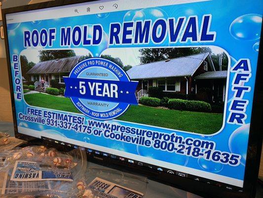 5 YEAR WARRANTY on ROOF MOLD REMOVAL!