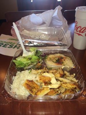 Mediterranean food is what's for late lunch today. Chicken shawarma plate with humus. Yummy yum yum