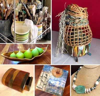 So many types of art - wood, glass, jewelry, fiber art, pottery and so much more. All from local artists. Art supplies, too.