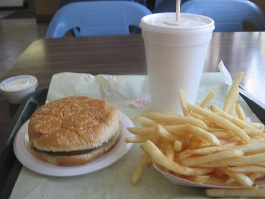 The A burger, with fries and root beer milkshake