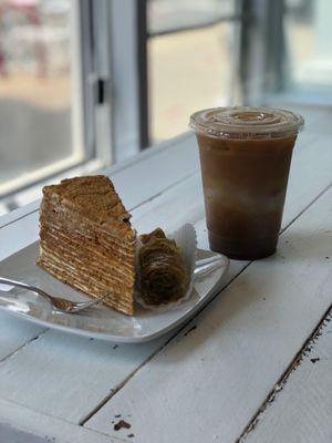 Honey cake, pistachio baklava, and oat milk latte