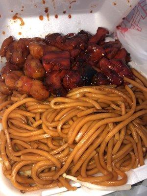 Orange chicken, bbq chicken, and chow mein