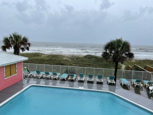 Outside pool and Tiki Bar. (Tiki bar was never open so I can't review it. We had some bad weather.)