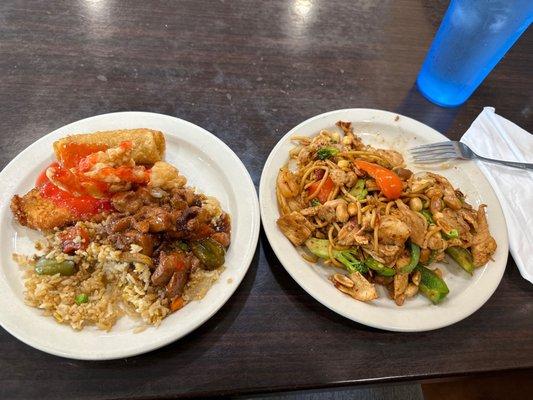 Shrimp & Chicken stir fry, fried rice with irange chicken