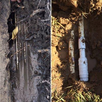 Broken pipe repair caused by tree root.   Right pic is the repaired pipe.