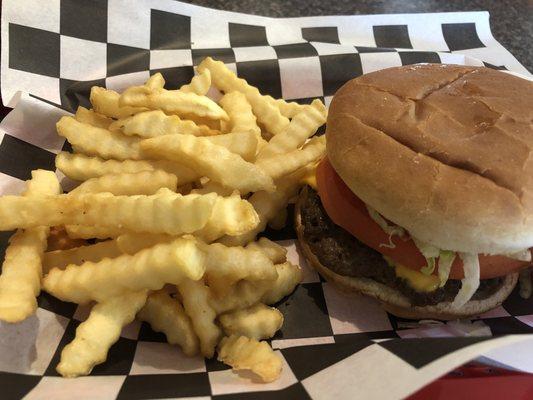 Hamburger and crinkle cut fries