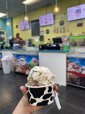 Rude employee in the back. Good ice cream. Almost left before ordering due to his attitude.