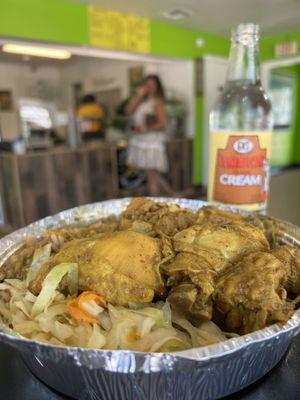 Jamaican Cream Soda , Rice & Peas, Steamed Cabbage, Curry Chicken, Beef Patty, Jamaican Food