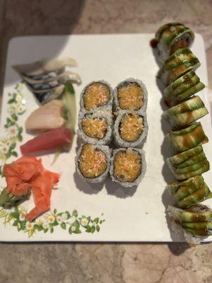 Sashimi, spicy crab roll and garden veggie roll (sweet potato topped with avocado)