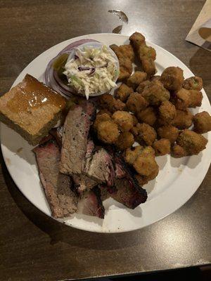 1 Meat Platter: Brisket,side of fried okra, coleslaw and cornbread with honey