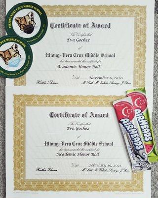 Our daughter's Honor Roll Certificates. Thank you Keoni for your support and dedication.