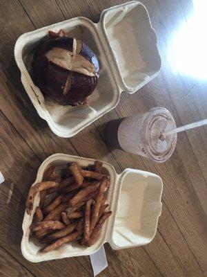 The pretzel burger and chocolate pb shake with m2o fries.