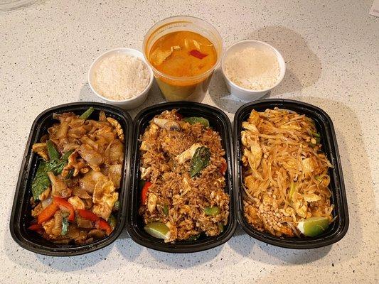 Chicken Panang Curry, Drunken Noodles, Drunken Fried Rice, Chicken Pad Thai