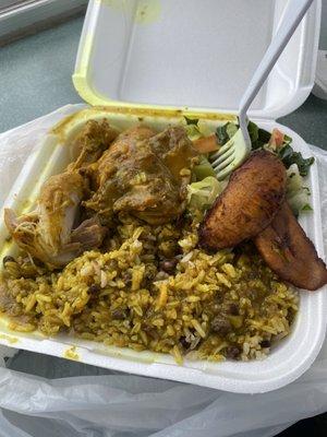 Curry Chicken Rice and Peas Cabbage  Plantains