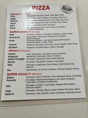 Pizza menu