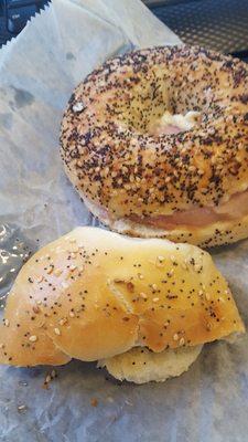 The top bagel from stop and shop. The bottom from the Hastings bagel... notice any difference?