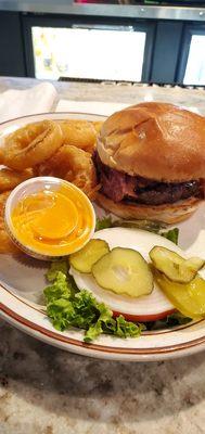 Beacon cheeseburger with onion rings