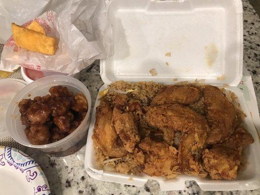 Chicken wings, shrimp fried rice, general tso chicken and crab rangoons.