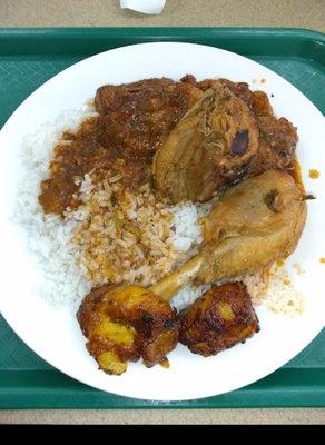 Oxtails, Chicken Stew, White Rice, and Sweet Plantains.