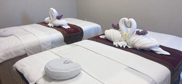 Couples massage beds decorated