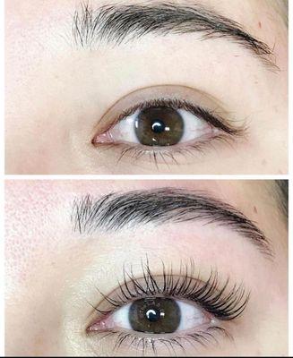 Keratin lash lift and tint makes straight natural lashes visible by lifting and curling them. Lasting up to 8 weeks.