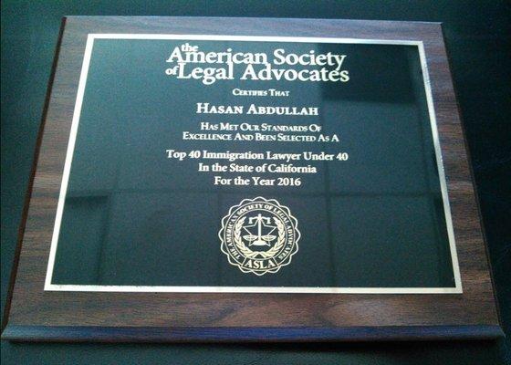 Recipient of the ASLA's Top 40 Under 40 Immigration Lawyer in California Award.