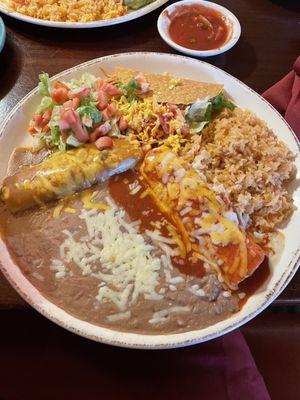 Three Combo plate with Burrito, taco and enchilada.