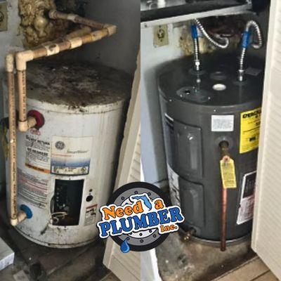 A dramatic Before and After on a water heater replacement! If your water heater isn't working efficiently, Call Us Today!