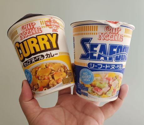 Cup Noodle! Curry and Seafood flavors.