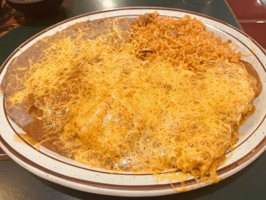 Two enchiladas, shredded pork.