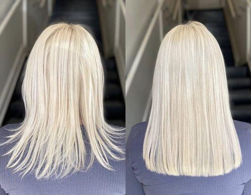 Great lengths extensions, blunt cut, platinum root touch up.