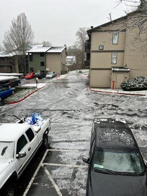 You can't leave your apartment when it freezes here. The parking lot becomes a big slab of ice.