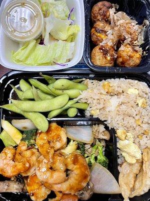 Shrimp teriyaki bento box to go + takoyaki