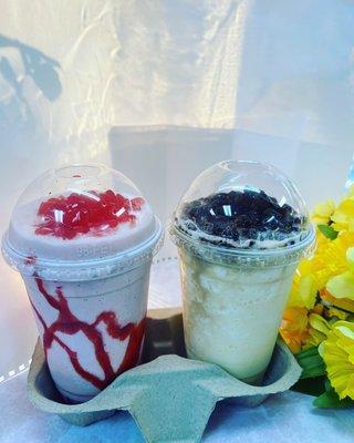 Strawberry and Horchata smoothie and Durian smoothie from Sandy sweet shop in Modesto !