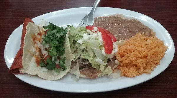 rice, beans, taco pastor, lengua sope, cheese enchilada