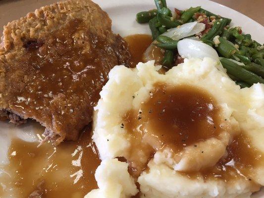 Monday special:  Country fried steak, mashed potatoes, green beans.