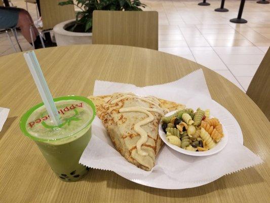 My savory tuna crepes with pasta salad plus my green tea bubble tea