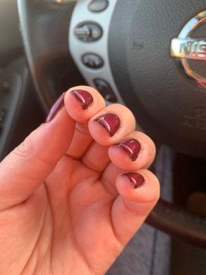 Sloppy job on nails--polish on fingers that he didn't bother to clean up