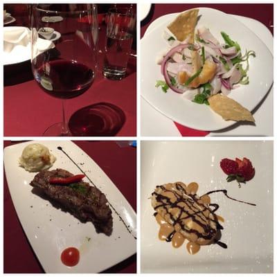 A glass of malbec, ceviche, ny strip, sponge cake with vanilla ice cream