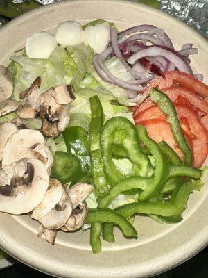 Garden salad. Sub cheddar for mozzarella balls, no broccoli, add mushrooms.