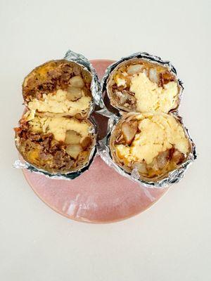 Sausage burrito and egg and potato burrito