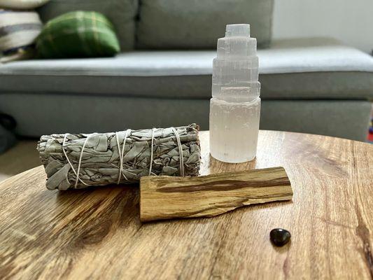 Selenite tower, Peruvian palo santo, White sage, and Tiger's Eye gemstone