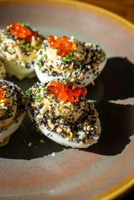 Deviled Eggs- "Sour Cream and Onion", Everything Spice, Smoked Trout Roe  Instagram.com/Maryelda