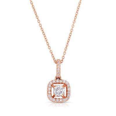 Rose gold pendant necklace with round brilliant center diamond and cushion diamond halo.