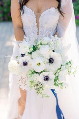 Anemones galore! A classic, all-white bridal bouquet for Lindsey with blue drapery