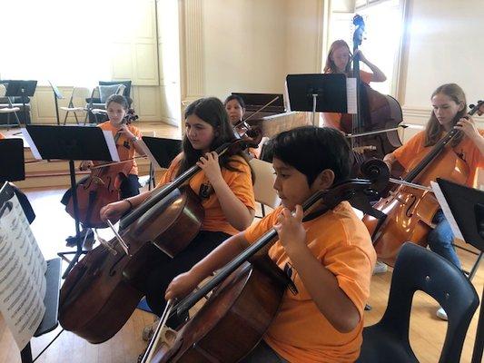 Students playing cello and a double bass.