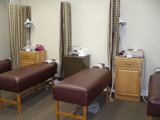 Our large room for physical therapy with ultra sound, electrical stimulation, infra red etc.