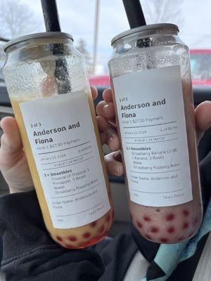 Tropical and Strawberry banana smoothies with strawberry boba.