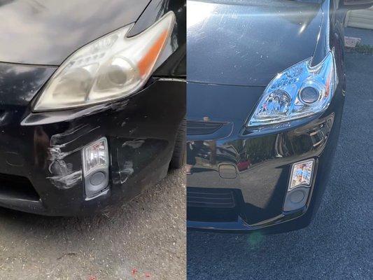 Before and after of my crunched bumper that Sharp fixed